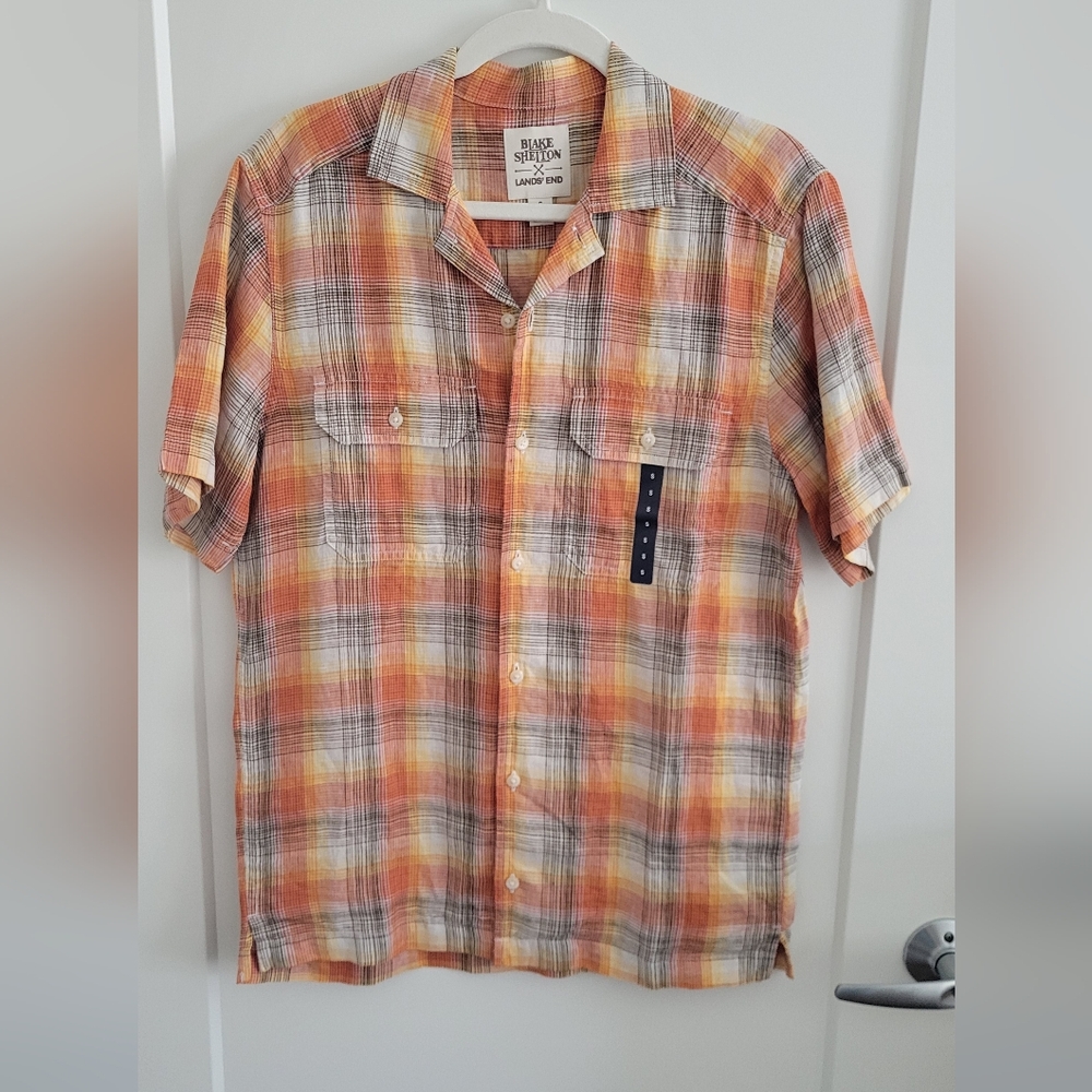 NWT Lands' End Men's Linen Shirt Red and Yellow
